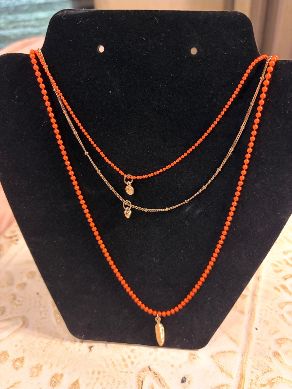 Layered Bead & Gold Charm Necklace length 33”